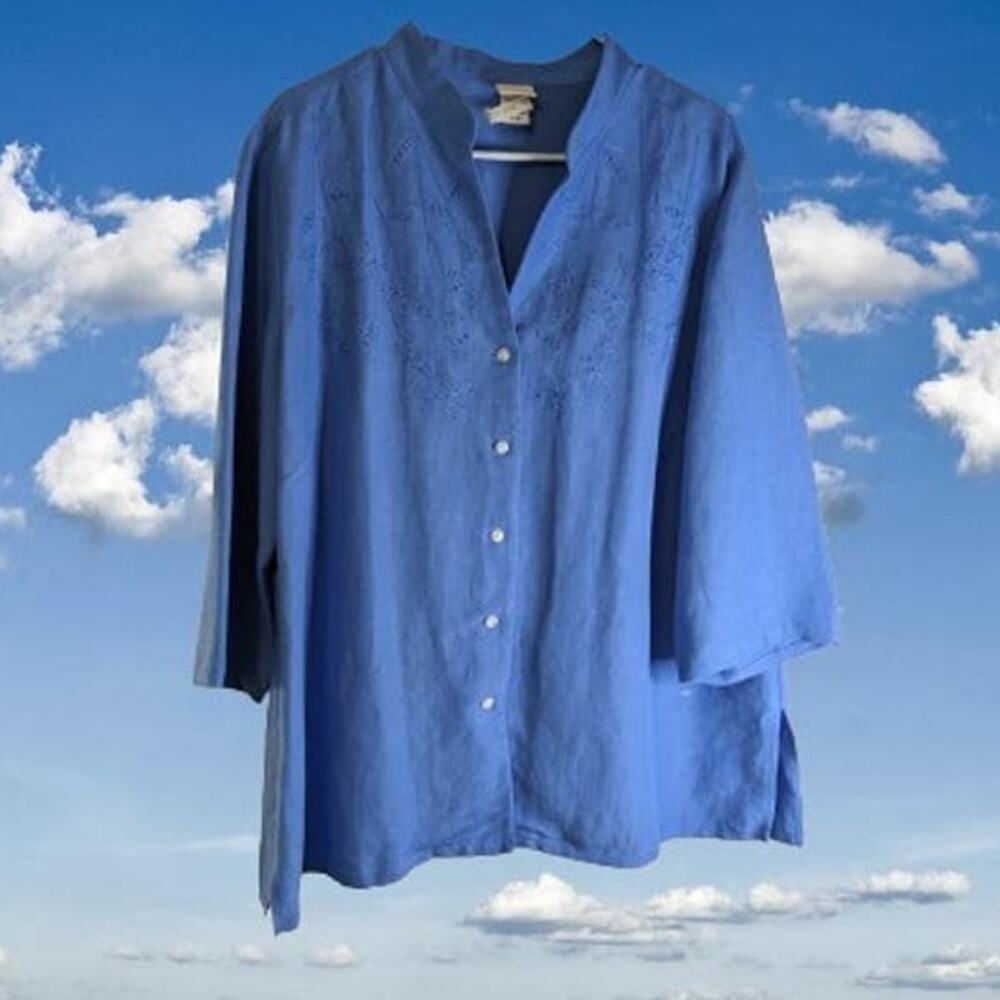 Covington 16/18W 3/4 sleeve button down linen blend w/embroidery accents top